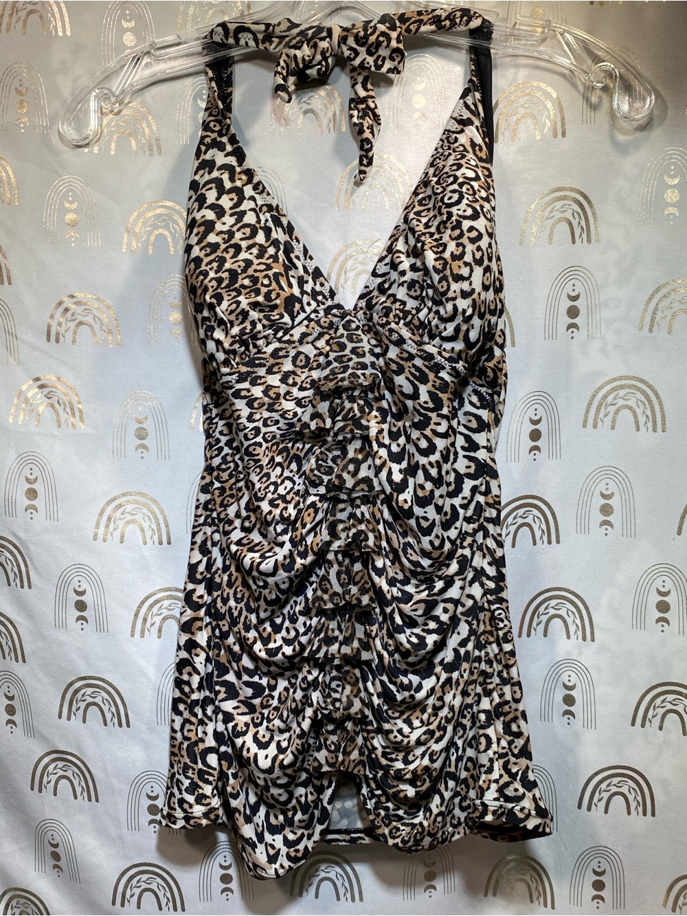 Profile By Gottex Leopard Print Halter Swimdress in Black, White, Tan